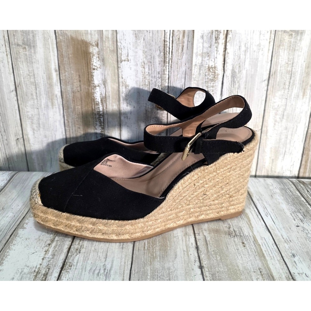 Time and Tru Black Espadrille Wedge Sandals Ankle Strap Square Toe Women Size 10 - Picture 3 of 7